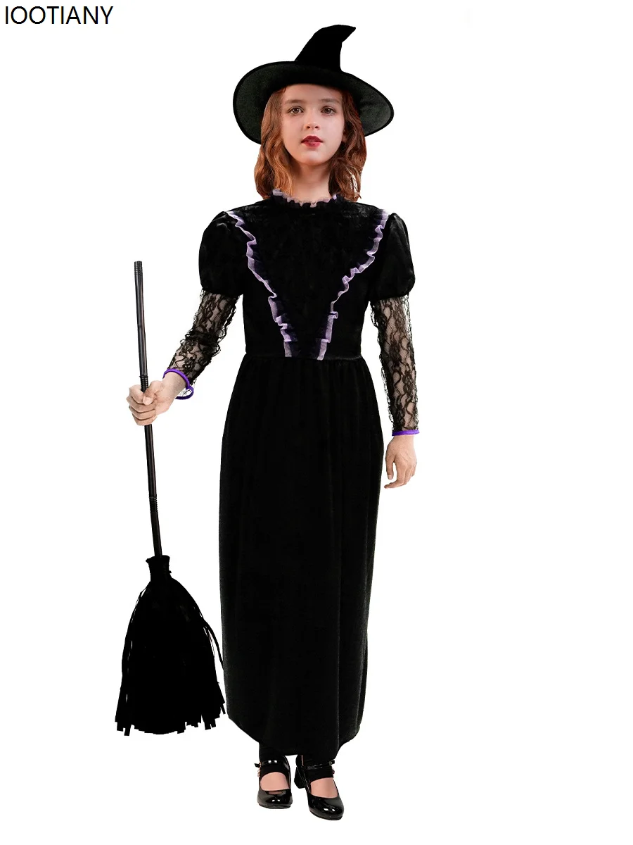 Kids Adult Black Witch Cosplay Costumes Halloween Evil Wizard Parent-child Fancy Dress Carnival Party Stage Performance Dress Up