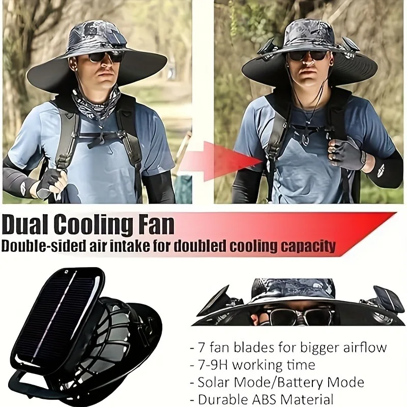 1pcs Wide Brim Solar Fan Outdoor Fishing Hat Adjustable Sun Protection Lightweight Breathable Fabric for Hiking Camping Travel