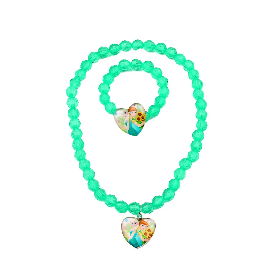 Disney Cartoon Frozen Princess Elsa Children\'s Necklace Bracelet Set Toys Dolls Anime Anna Girls Accessories Heart Shaped Gift