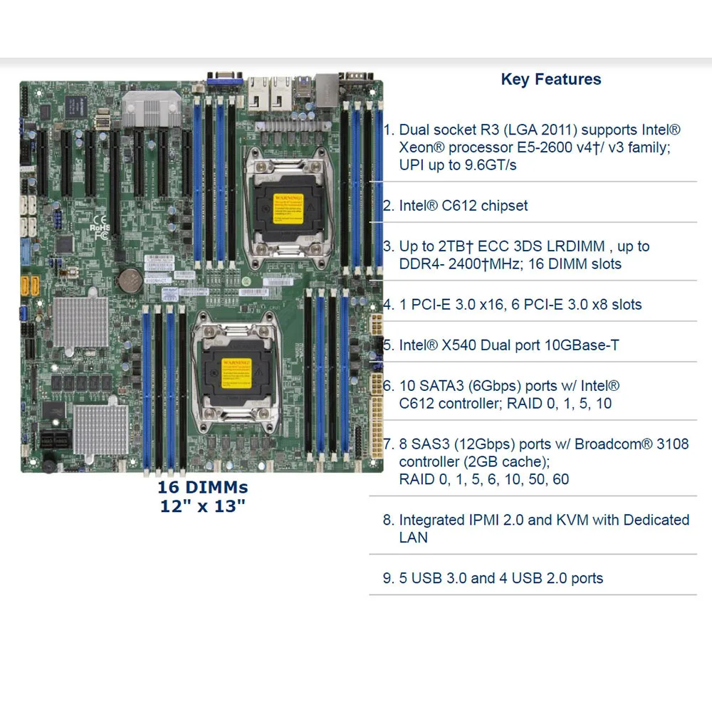 

Two-way Server E-ATX Motherboard LGA 2011 Intel C612 Xeon E5-2600 V3/V4 Family DDR4 X10DRH-CT For Supermicro