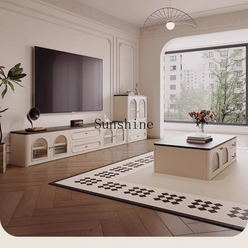 

French retro TV coffee table combination small apartment living room storage integrated floor side cabinet