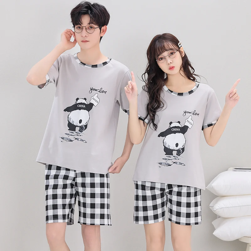 

Пижамный комплект для пар большого размера M-4XL, летняя мужская одежда для сна с короткими рукавами, женский домашний костюм из 100% хлопка