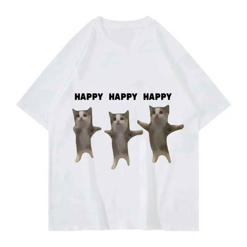 

Забавная футболка с рисунком Cute Cat Meme Happy Dance Cat с коротким рукавом и принтом для мужчин и женщин, повседневная модная хлопковая футболка 50747