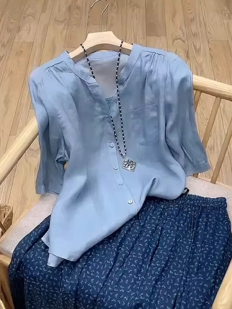 

Elegant Summer Fashion Chiffon Shirt Linen Short Sleeve Single Button Stylish Versatile Top Korean Style Commute Silk Upper Body