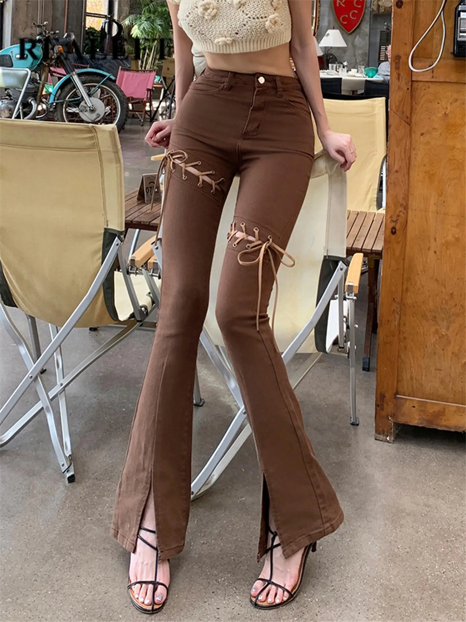 

REALEFT High Waist Lace Up Women Denim Flare Pants 2022 New Retro Washed Streetwear Straight Casual Split Jeans Trousers Female