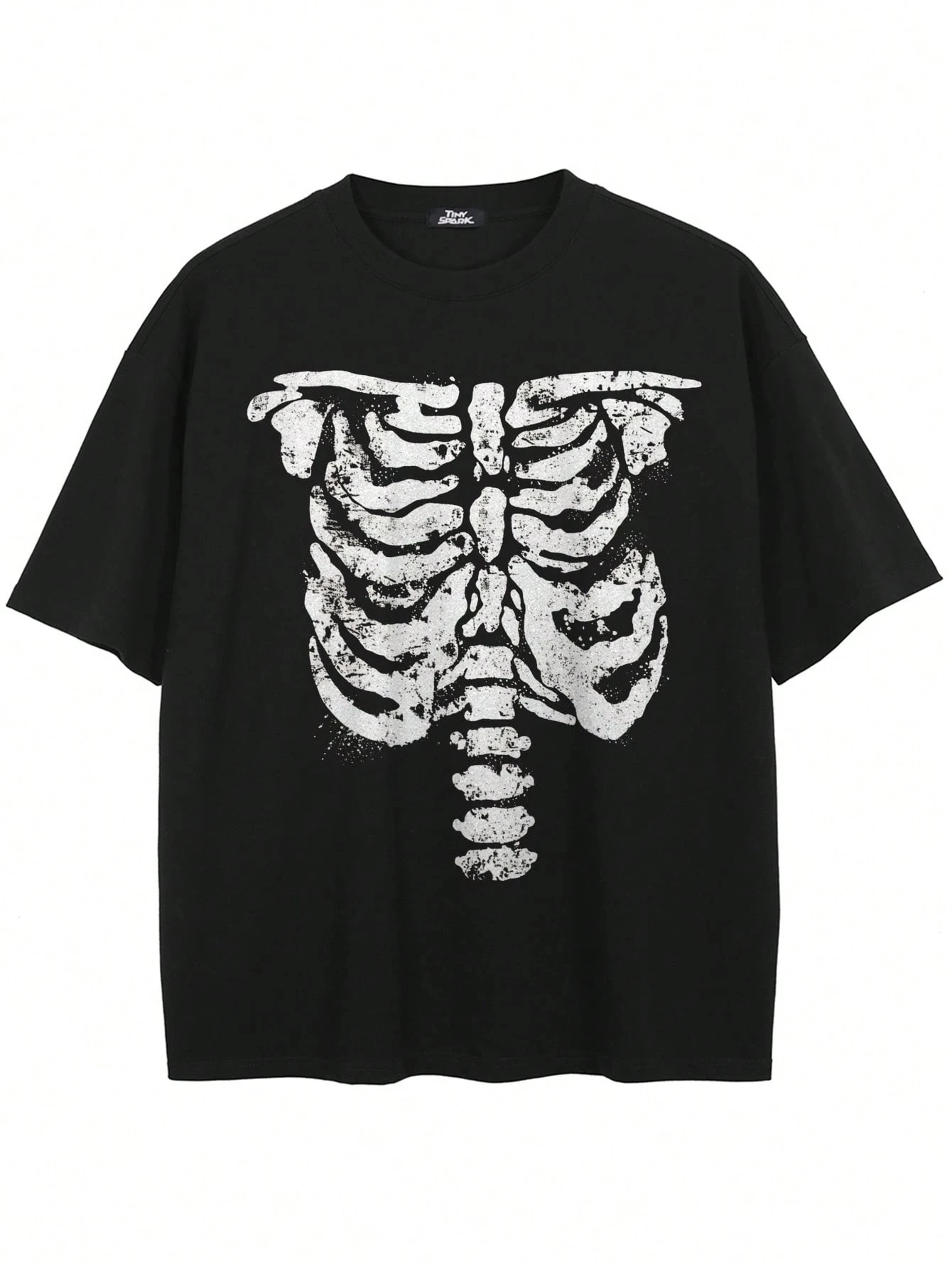 Grunge Retro Bone Chest Skeleton Graphic Tee Loose Fit Goth Punk Unisex Daily Street Fashion Shirt