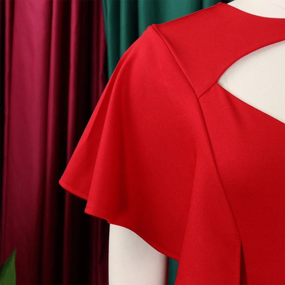 Elegant Bodycon Dress for Women 2024 O Neck Cut Out Ruffles Sheath Package Hips Mid Calf Professional Work Dress Midi Vestidos