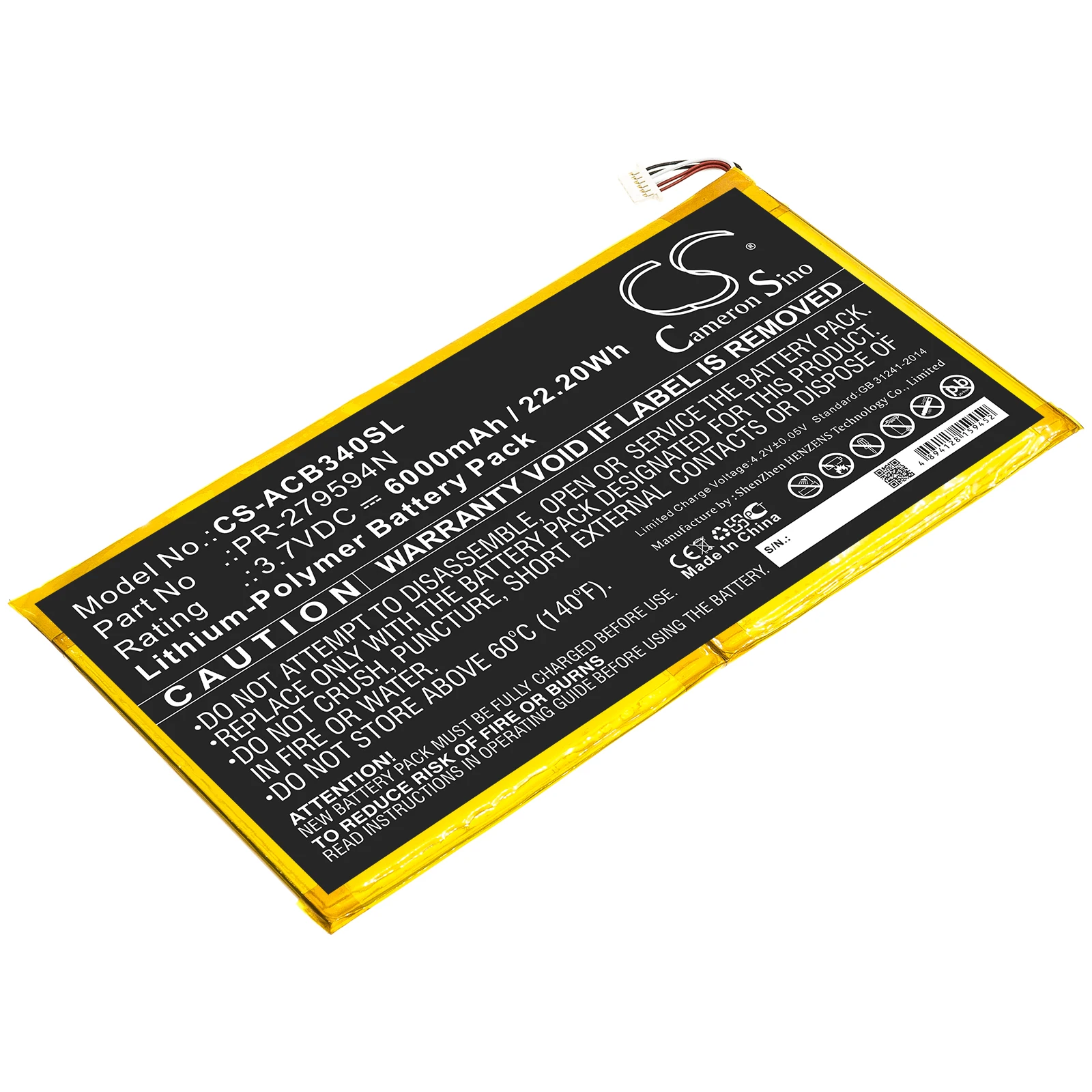 Tablet Battery For  Acer PR-279594N(1ICP3/95/94-2) Iconia One 10 B3-A40 Volts 3.7  Capacity 6000mAh / 22.20Wh