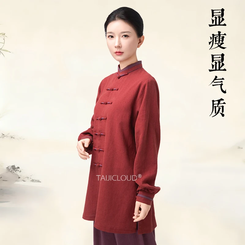 

Women's 2025 Tai Chi Suit - Thickened Cotton Linen Long Jacket for Baduanjin & Martial Arts, Autumn Winter Practice Wear