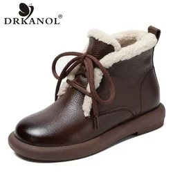 DRKANOL 2023 Fashion Women Snow Boots  Luxury Design Retro 100% Genuine Leather Flat Heel Ankle Boots For Women Fur Warm Shoes