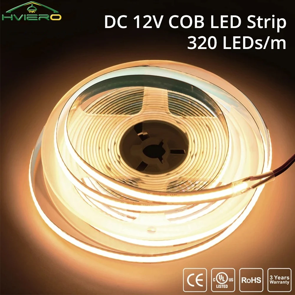 

5M COB LED Strip 12V 320Led Non Waterproof Dimmable 3000K 4000K 6000K High Density Flexible Lighting for Home Decor RA90 Lights