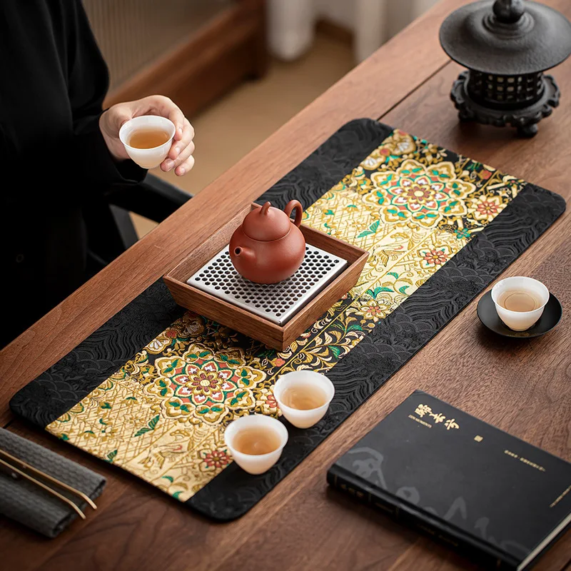 Chinese Brocade Table Runner Double Sided Heat Insulation Tea Mat Vintage Chinoiserie Dining Table Decor for Home Kitchen