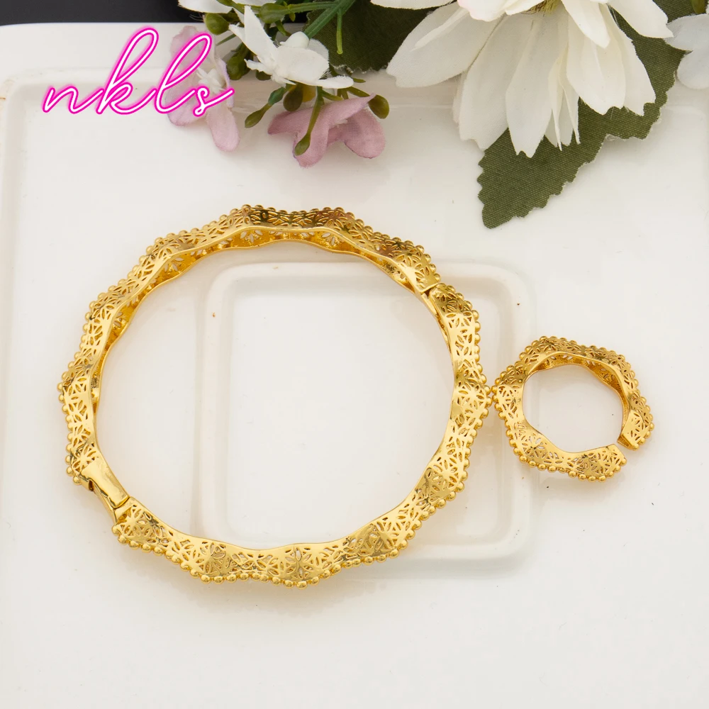 

Luxury Copper Charm Bracelet Ring Sets 18K Gold Plated Jewelry Set for Women African Bridal Wedding Party Accessories Gifts