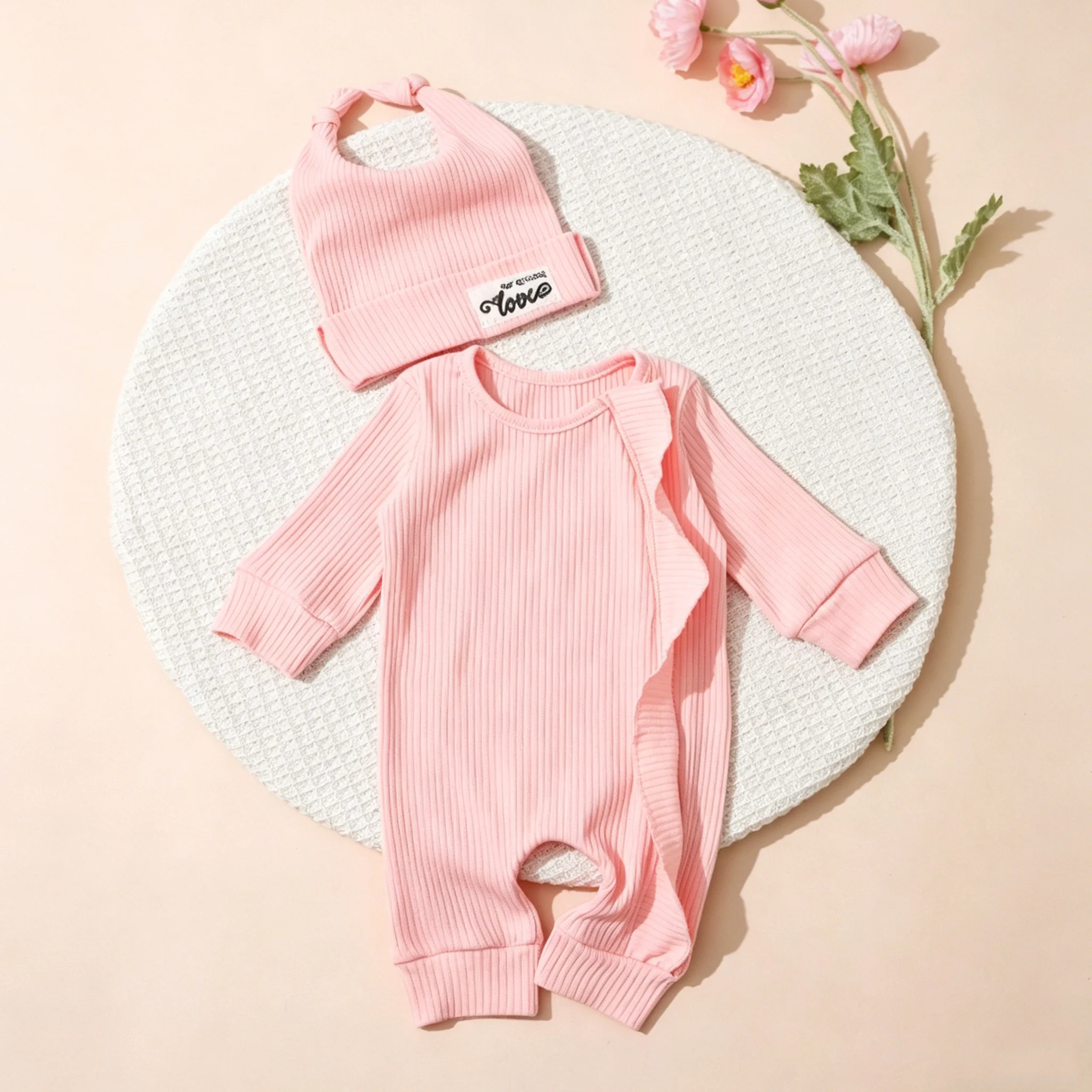 Newborn Photography Clothes Ribbed Romper Bunny Ear Hat Set Infant Zipper Closure Long Sleeve Baby Jumpsuit Coming Home OutfitHD image 3