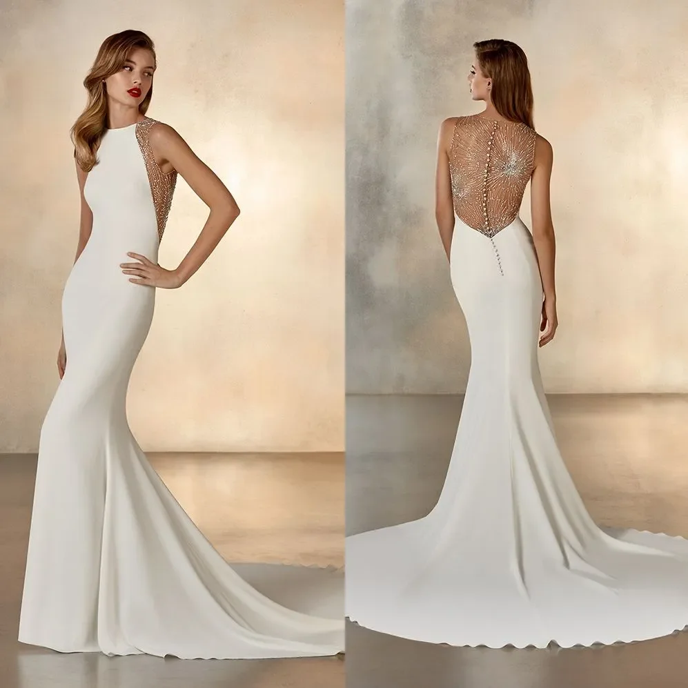

Simple White Mermaid Wedding Dresses Jewel Neck Sleeveless Bridal Gown Button Sequins Beads Dress Customized