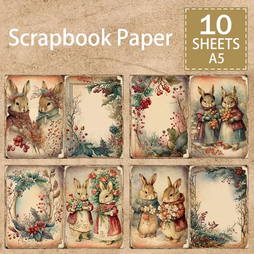 레트로 크리스마스 부활절 토끼 코스튬 꽃 배경, 빈티지 그런지 저널 계획 스크랩북, A5 사이즈, 10 매  Best5