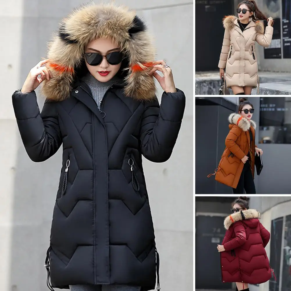 Winter Women Cotton Jacket With Furry Hood Neck Mid Length Zipper Closure Padded Coat Windproof Outwear Parka