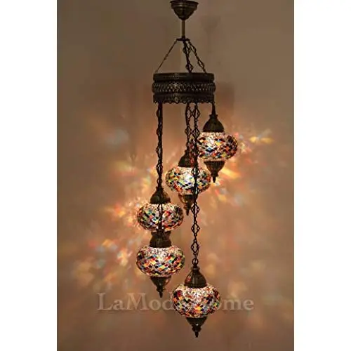 LaModaHome 40 + Unique Colors, 2020 Customizable Chandelier 5 Globes + Free 5 Bulbs, stunning Mosaic Turkish Lamp Moroccan Light