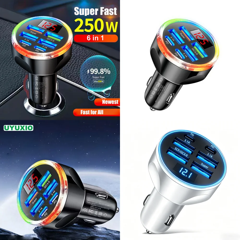 Superschnelles 6-in-1 USB-C Autoladegerät mit Voltmeter Multi-Port-Adapter mit Spannungsanzeige für iPhone Samsung Neu 2026