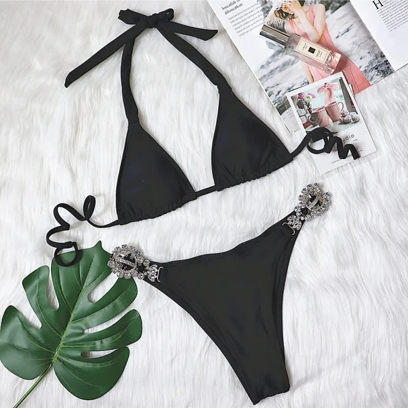 

Bikini Two-Piece Tie Luxury Crystal Swimsuit with Metal Accessories Swimwear