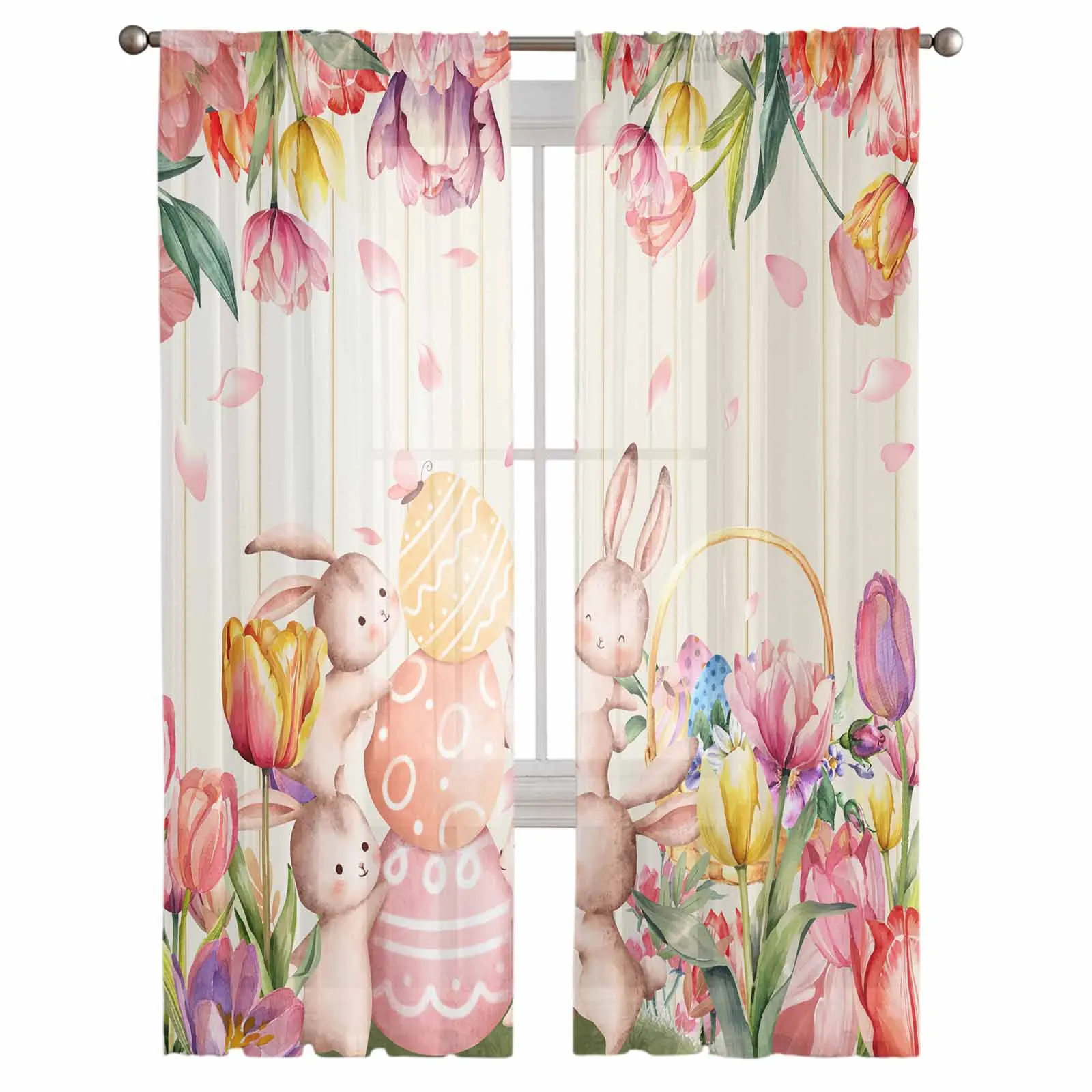 Tulip Rabbit Watercolor Handdrawn Easter Tulle Sheer Curtains for Living Room Home Decor Window Curtains Bedroom Voile Drapes