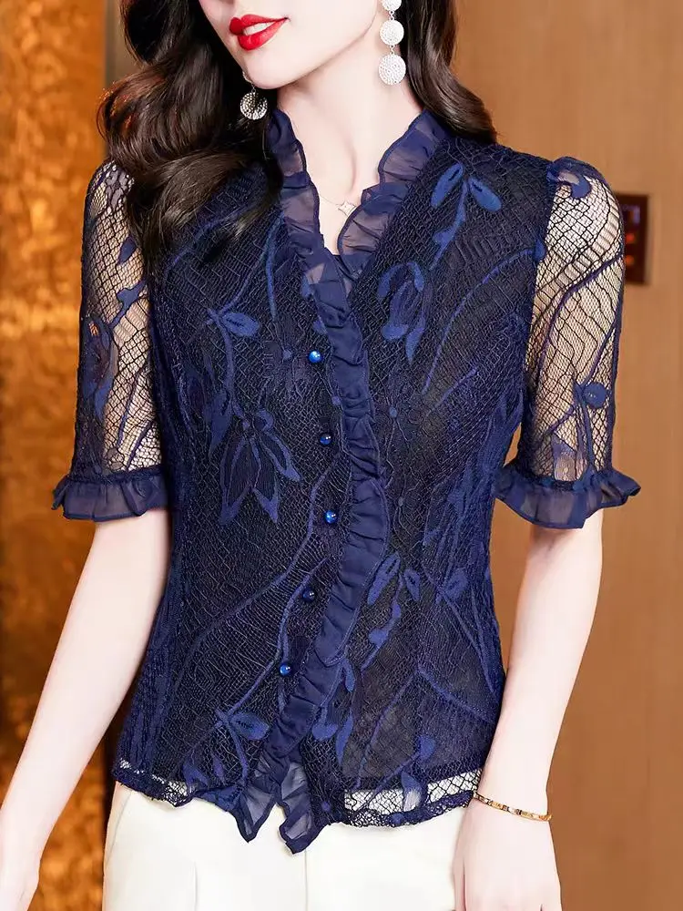 Women Stretchable Lace blouse Lady Sweet Ruffles Slim Fit Shirts Female Short Sleeve Blue Black Tops