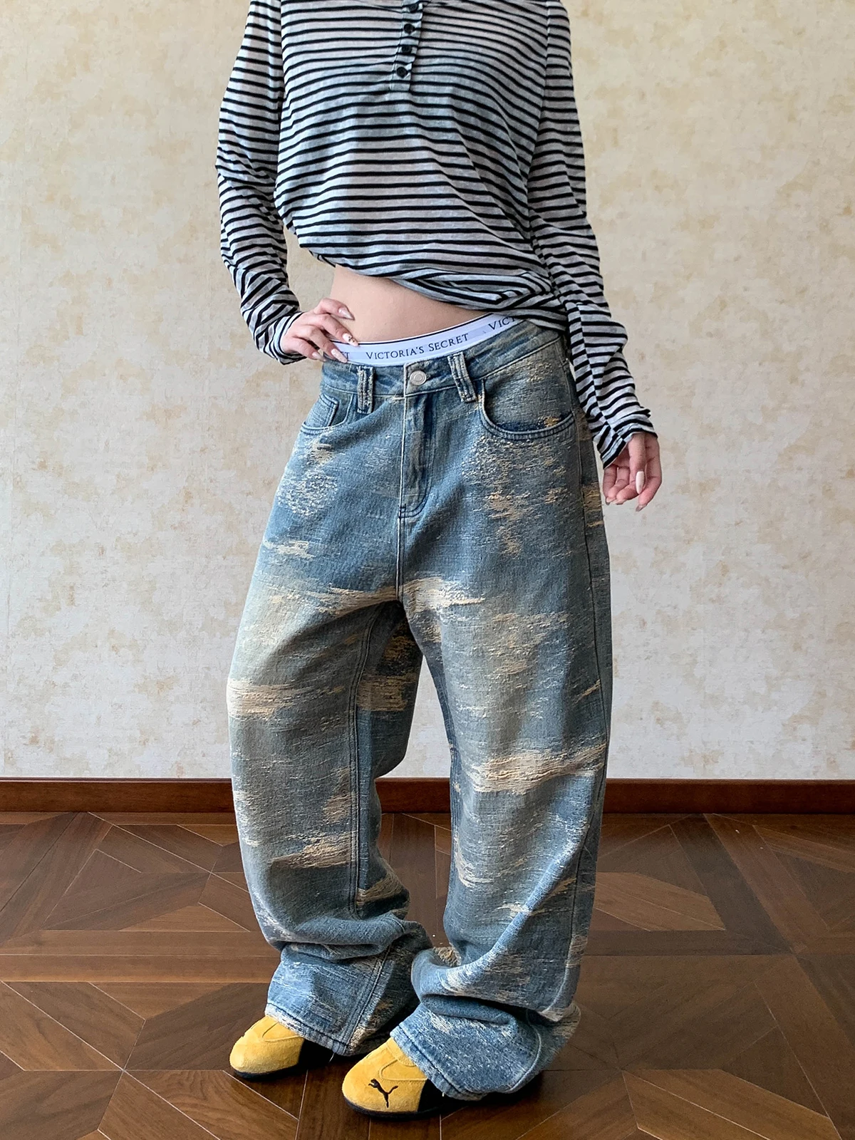 

Джинсы Aket American с завышенной талией, прямые широкие брюки, свободный крой для мужчин и женщин, повседневные удобные дышащие хлопковые брюки