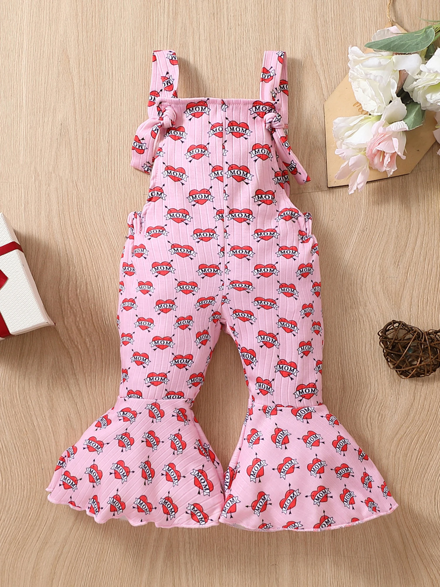 Girls Valentine s Day Pink Heart Print Sleeveless Jumpsuit with Flared Pants and Suspender for Casual Wear