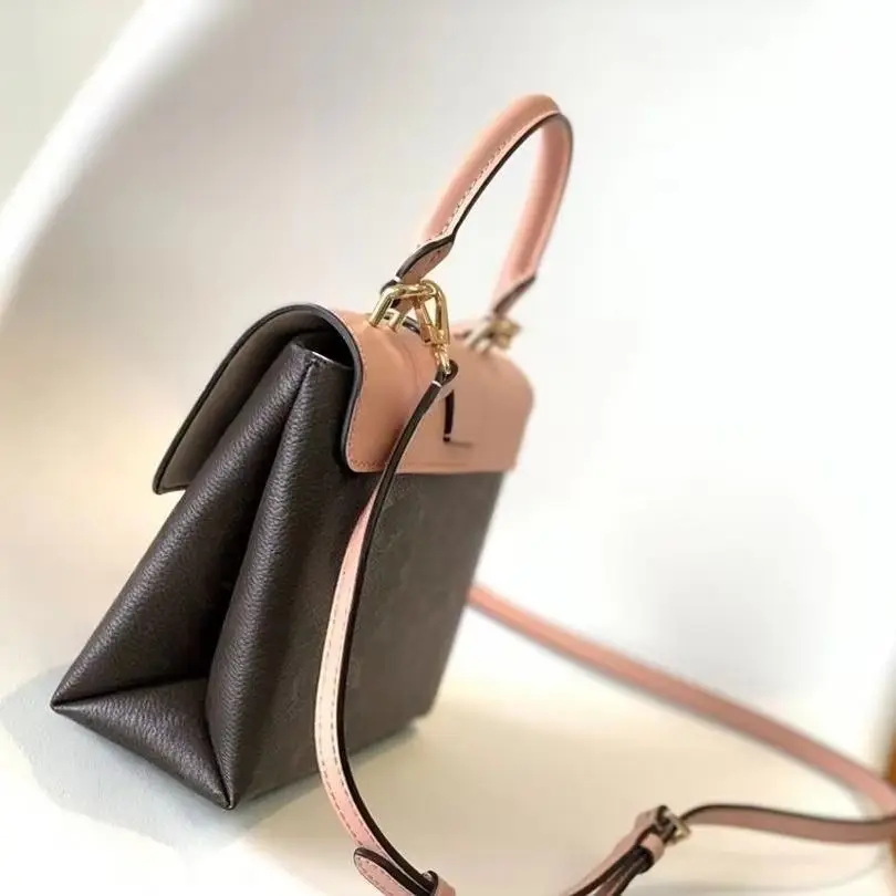 Two-Tone Pink Black Pebbled Leather Mini Handbag, Gold Padlock Flap Closure Top Handle Detachable Adjustable Cross Strap Rectangular Shoulder Purse.