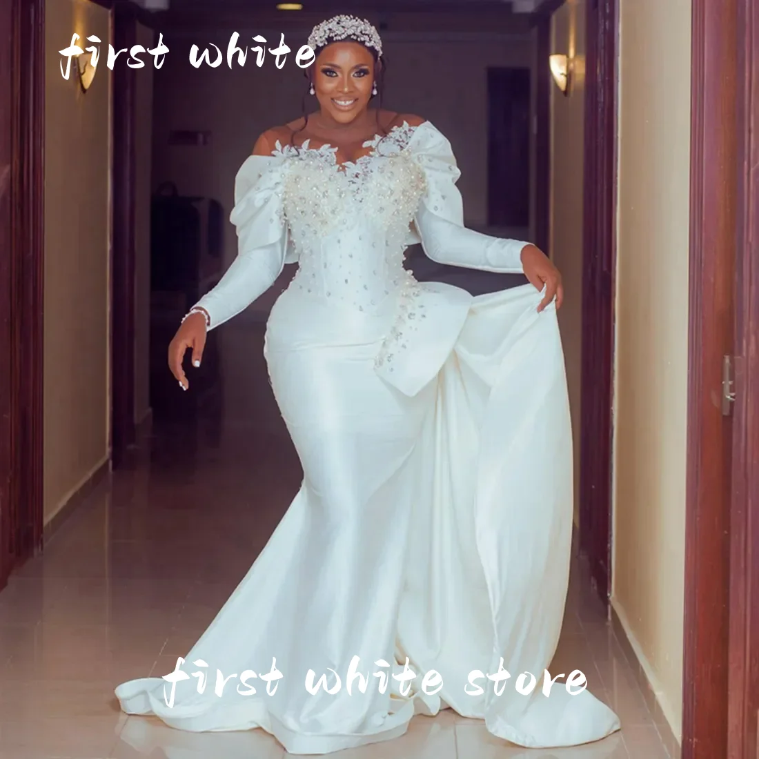 Customise Aso Ebi Mermaid Wedding Dress Bridal Gowns Sheer Neck Pearls Long Sleeves for African Black Women Vestido de Novia