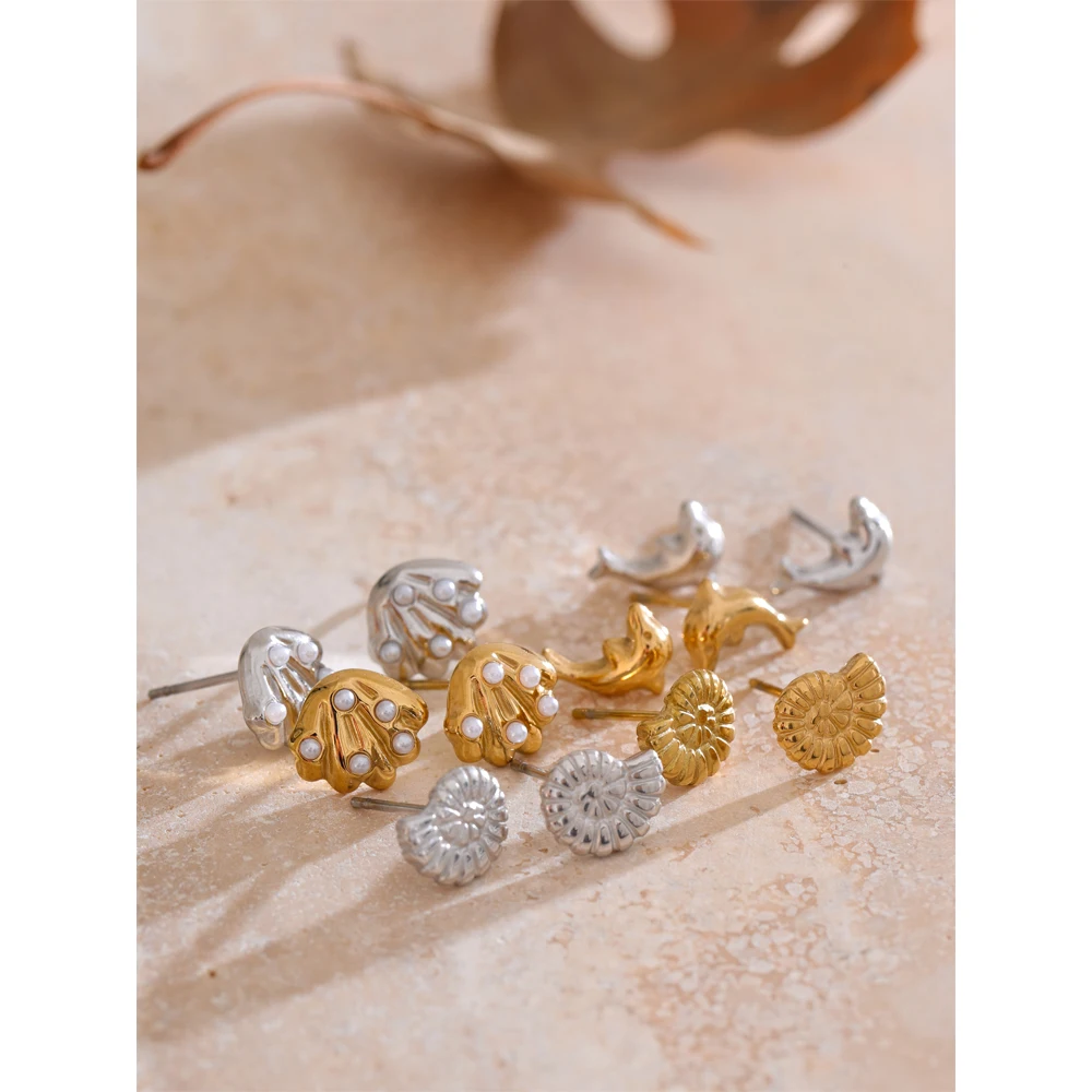 Yhpup Ocean Style Shell Conch Dolphin Stud Earrings One Set Ear Stacking Gold Color Summer Stainless Steel Studs Jewelry