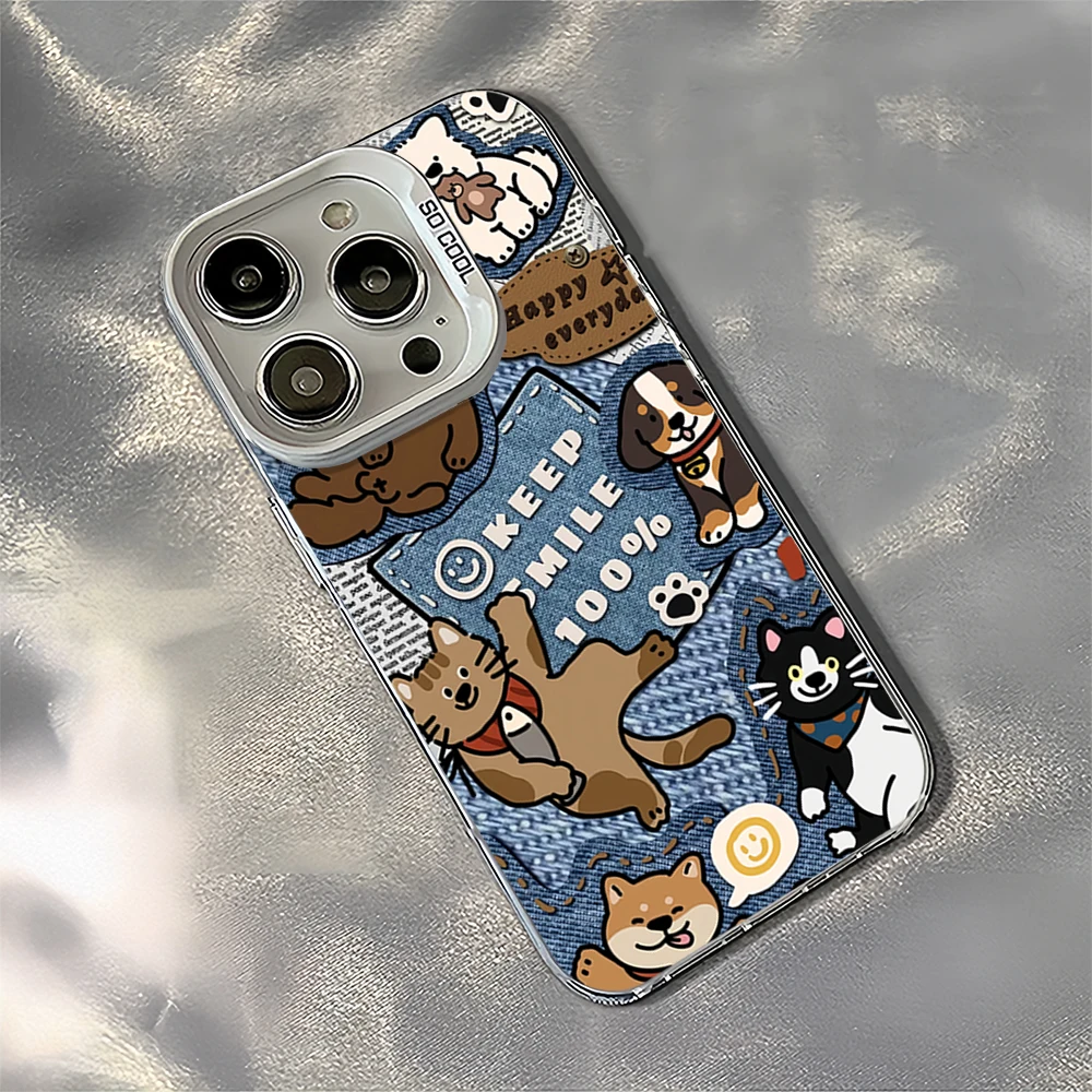 Cute cartoon animal denim For iPhone 11 12 13 14 15 16 Pro Max Plus Black White Shockproof Cover Laser IMD Phone Case