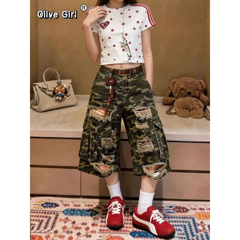 Olivegirl Cowboy Denim Jean Women's Pants Camo Short Pants Versatile Ripped Workwear Mid-Rise Loose Trousers Y2k