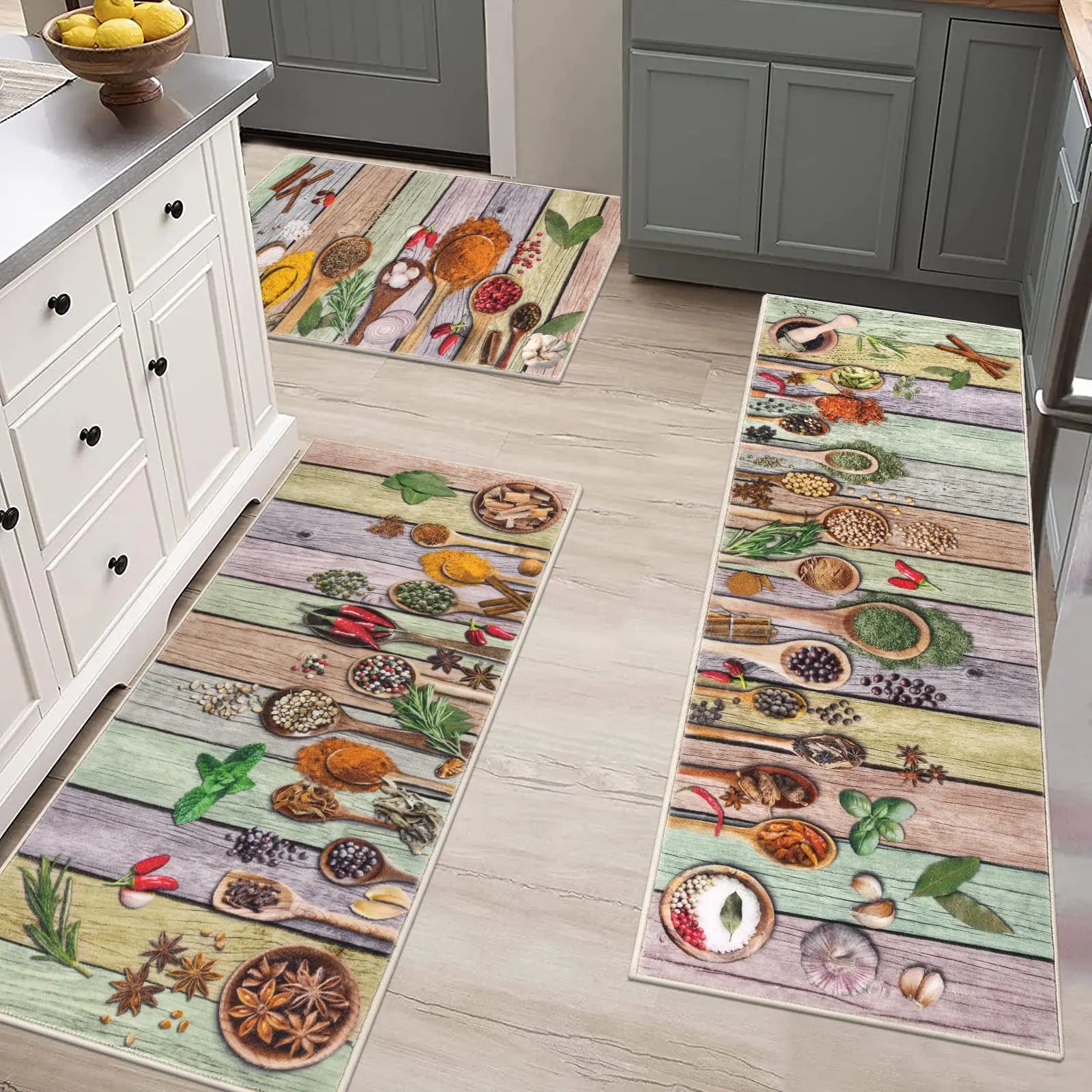 VIKAMA 3-Piece Bohemian Kitchen Rug Set Machine Washable Kitchen Mat Suitable for Floors Kitchen Rug Mat Ideal for Kitchens