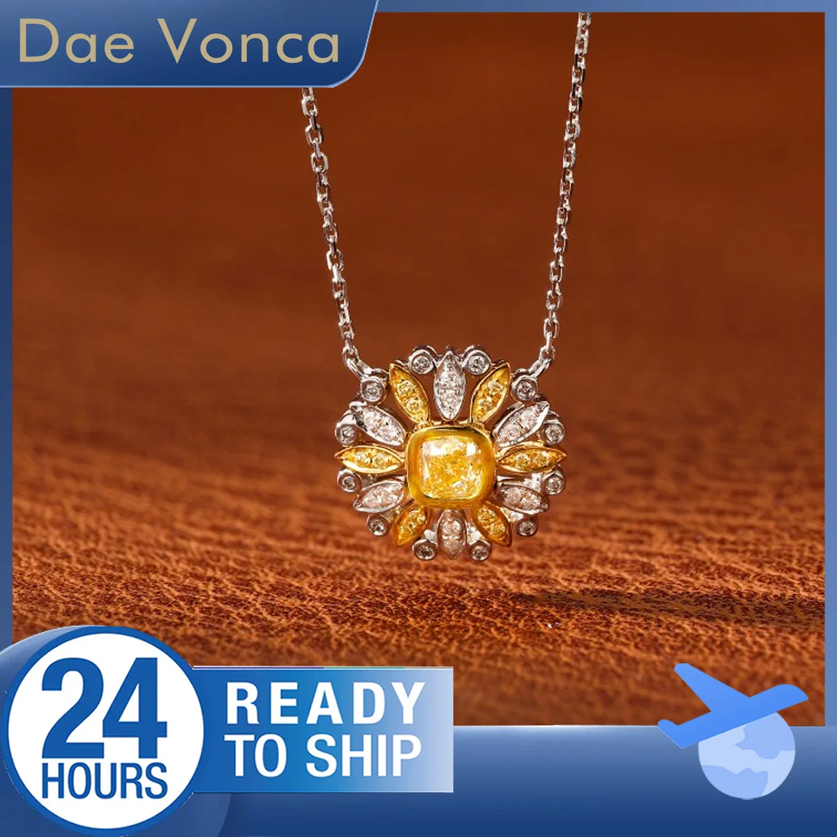 

Cushion & Marquise & Round Cut Natural Diamond Necklace Center Stone Yellow Cushion Cut Sunflower Shaped 18K White Gold Necklace