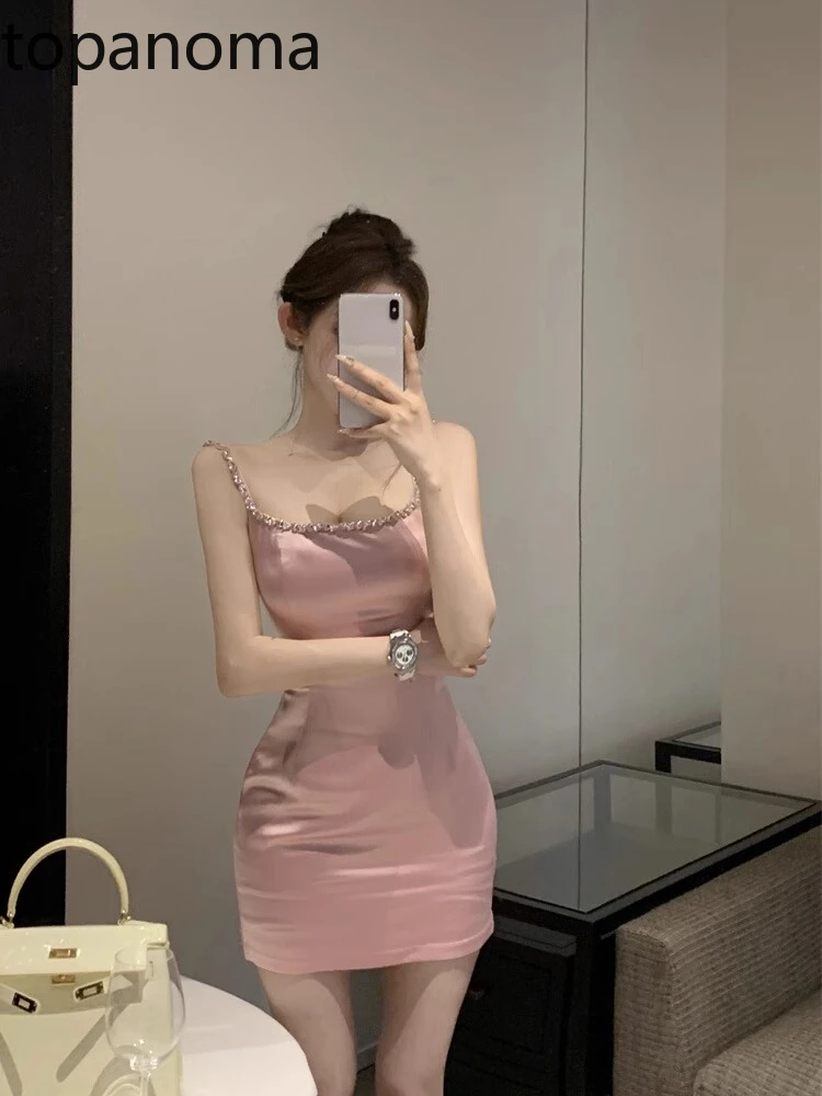 Topanoma Cocktail Dresses Evening Party Women Sleeveless Satin Rhinestone Slash Neck Birthday Prom Backless Sexy Ladies Fashion