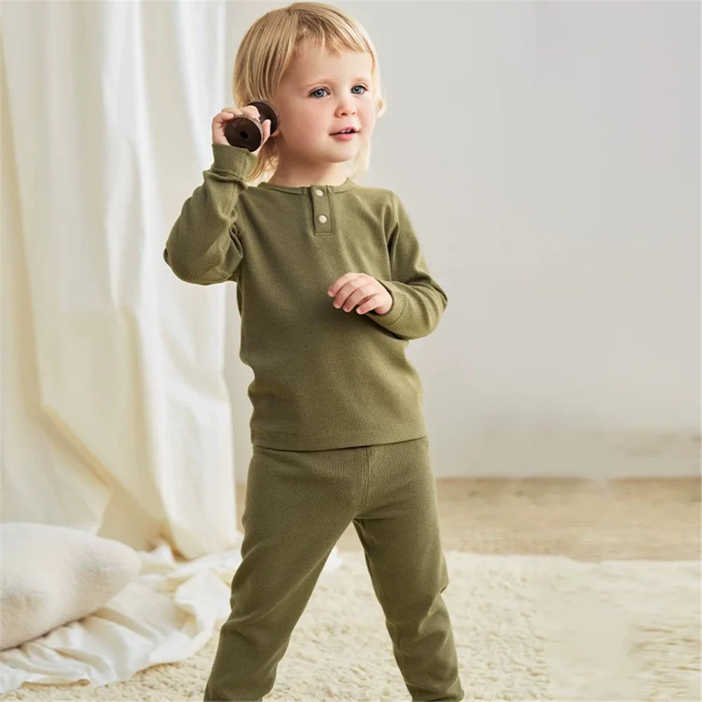2Pcs Spring Autumn Toddler Pajamas Cotton Solid Color Tops + Leggings Kids Baby Homewear Suit