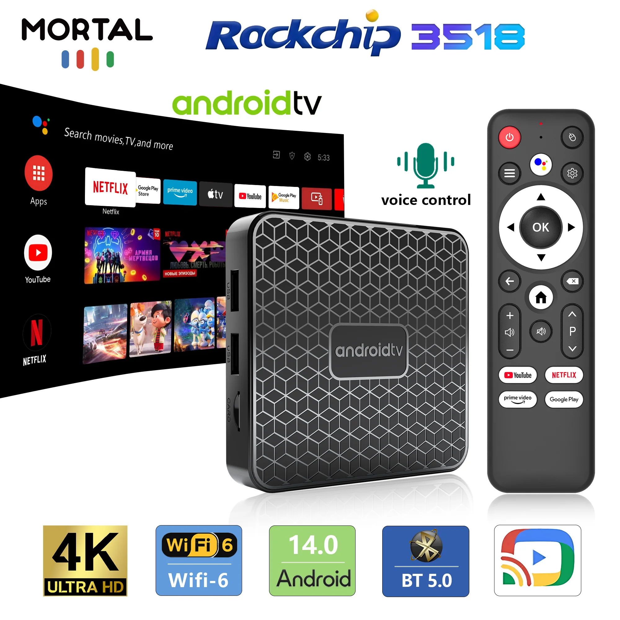 Mortal Smart Android TV Box Android 14 Voice T1mini Netflix 4K WiFi6 Rockchip 3518 HDR 10 BT5.0 Wireless Games Player Box