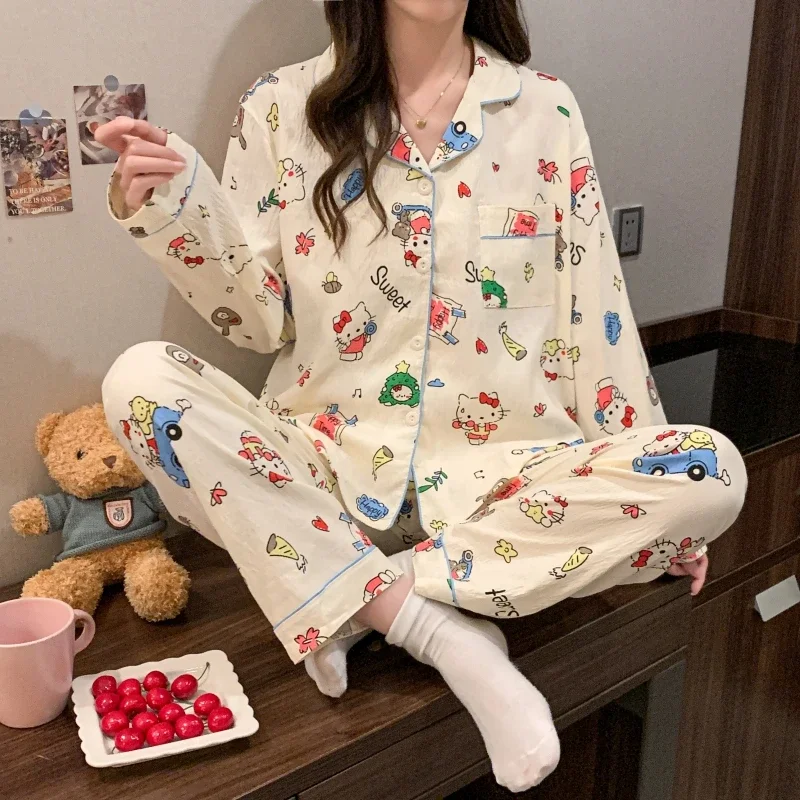 Sanrio Hello Kitty's new autumn pure cotton lapel cartoon cardigan casual women's pajamas silk pajamas women's loungewear set