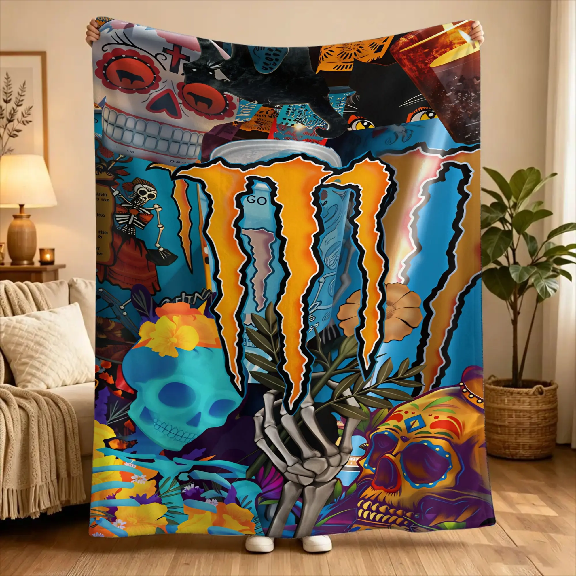 M-Monsters Drink-Racing E-Energy Blanket  Funny Plush Throw Blanket For Couch Chair Sofa Bed Travel Flannel Bedspread Bed Cover