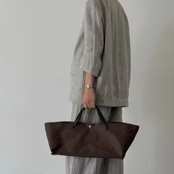FIRMRANCH Vintage Simplicity Large Capacity Handheld Basket High Quality Cowhide Tote Commuter Canvas Shoulder Diagonal Pouch
