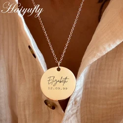 Haiyufly Personalized Engrave Name Date Necklace for Women Stainless Steel Round Pendant Link Chain Mother Birthday Jewelry Gift