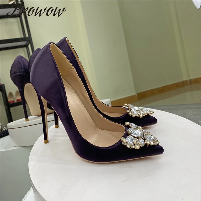 

Love rhinestone high heels purple satin 10cm pointed thin heel soft surface shallow mouth single shoes wedding shoes