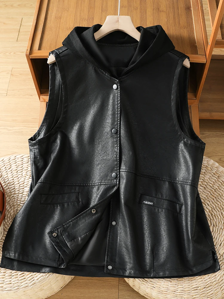 Fashionable Loose Women's PU Leather Vest with Hat Autumn New Arrival Elegant Outerwear Casual Commute Style  Color