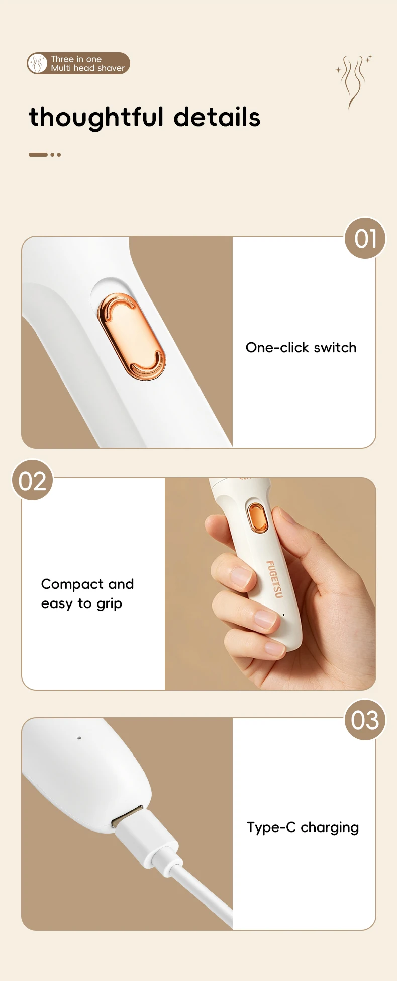 3-in-1 Electric Hair Removal Set Portable Type-C Rechargeable Shaver for Underarm Leg And Nose Hair Trimming