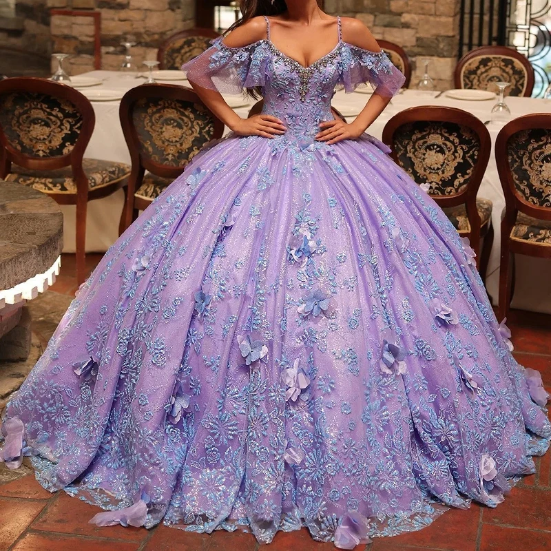 

Customized Purple Shiny Quinceanera Dresses Off The Shoulder Sequin Lace Applique Flower Beads Bow Tull Ball Gown Birthday Party