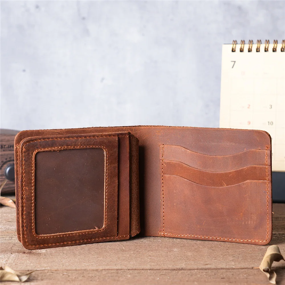 Men Vintage Fashion Genuine Leather Wallet Triple Fold Head Layer Pickup Bag with Coin Pocket Brown Business Purse Short Wallet