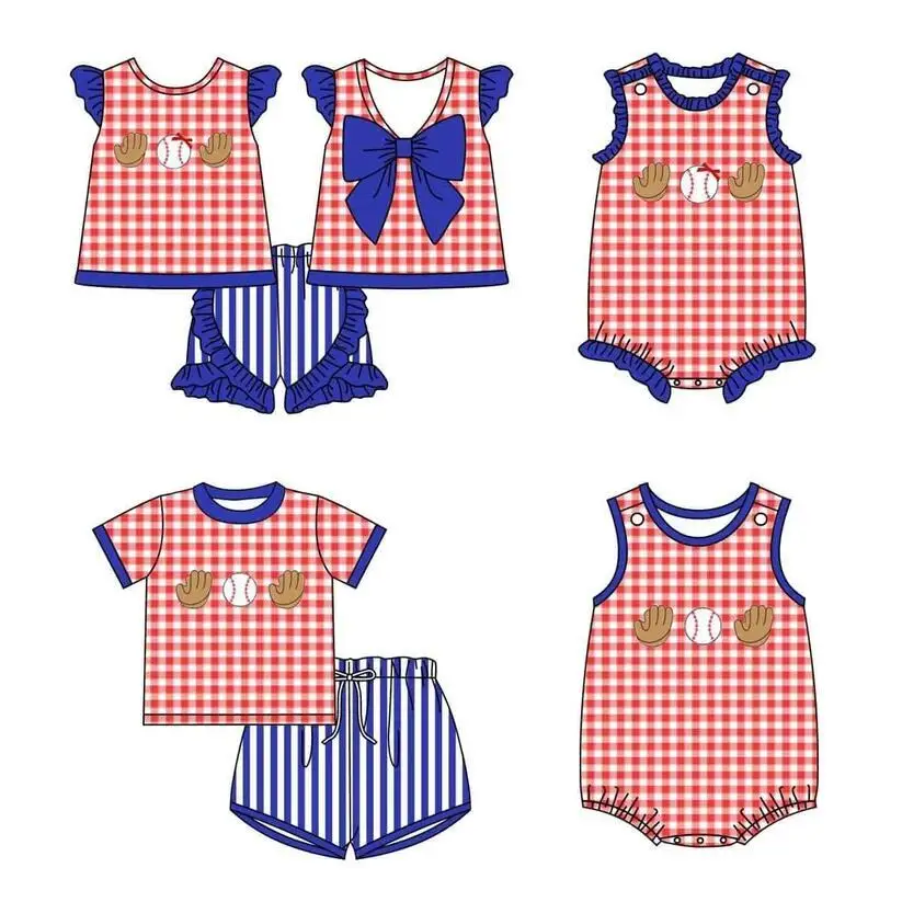 

wholesale boutique milk silk ball print Boys plaid top blue and white striped shorts Baby girl pearl suit customized suit