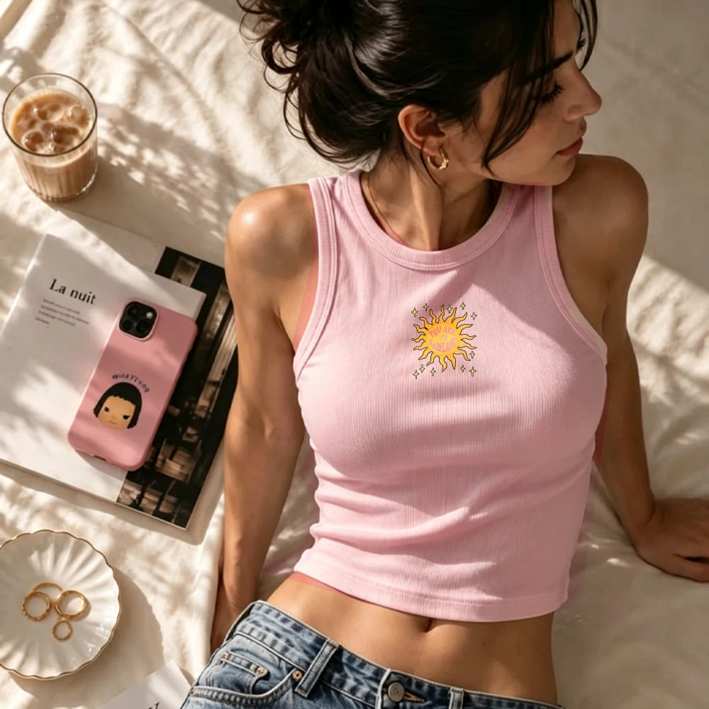 Smiling Sun Hand Drawn Graffiti Y2K Camisole Ribbed Tank Top Slim Fit Crop Top Sleeveless Crew Neck Cropped Cami Vest Happy Tops