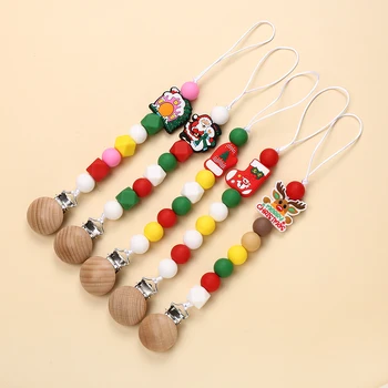 Silikonowe koraliki świąteczne klips do smoczka drewniany smoczek do żucia uchwyt na łańcuszek dla niemowląt łańcuszki do smoczka uchwyt na smoczek dziecko ząbkowanie zabawki prezenty
